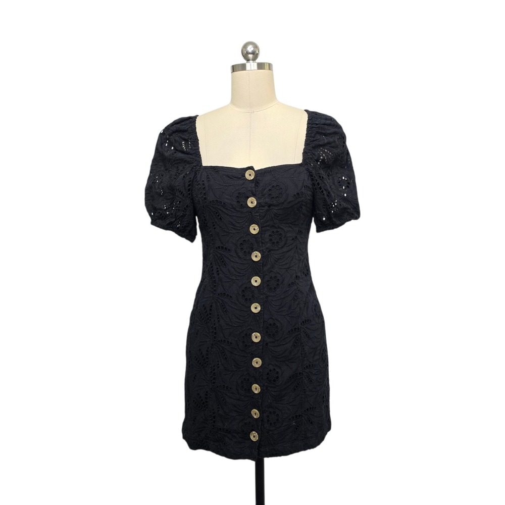 Free People Womens Black Eyelet Button Front Puff Sleeve Mini Dress Size 0